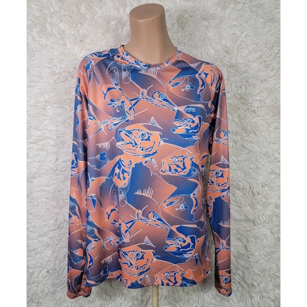 Columbia Pfg Shirt Men’s Size L Rash Guard Orange Blue Fish Print Long Sleeve N